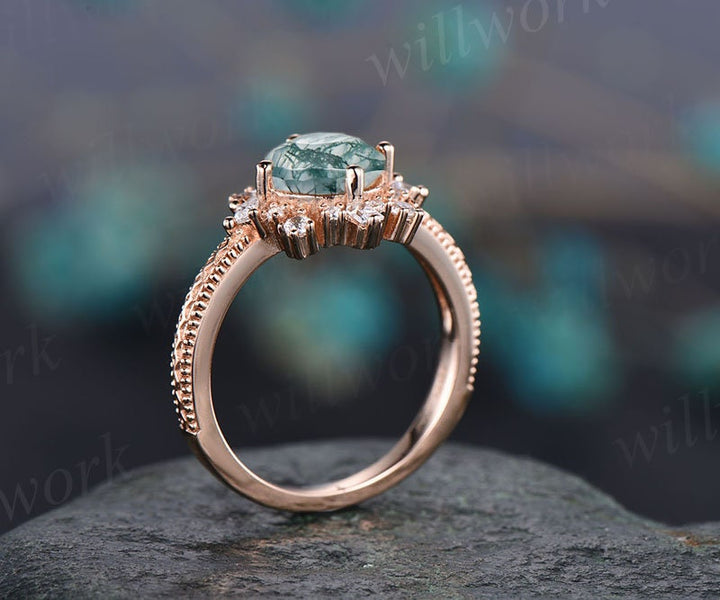 1ct Round cut moss agate ring vintage unique cluster halo engagement ring for women 14k rose gold baguette cut moissanite ring promise ring