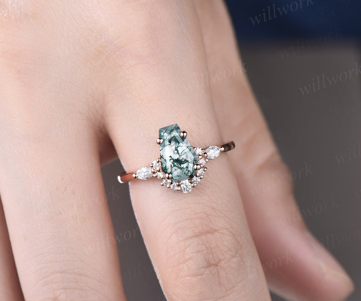 Vintage Coffin shaped green moss agate engagement ring 14k rose gold silver art deco diamond promise anniversary wedding ring set women gift