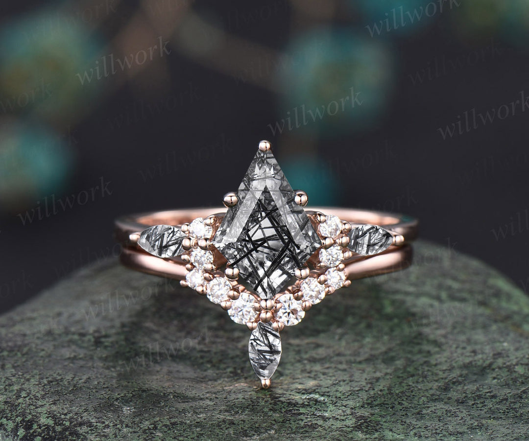 Vintage kite cut black rutilated quartz engagement ring set marquise cut ring 14k rose gold unique diamond promise wedding ring set women