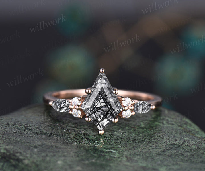 Vintage kite cut black rutilated quartz engagement ring set marquise cut ring 14k rose gold unique diamond promise wedding ring set women