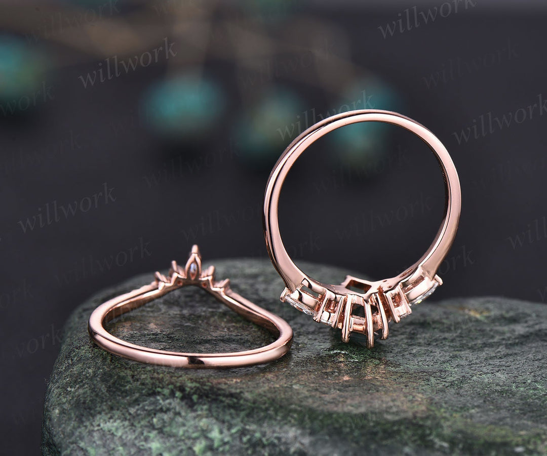 Vintage kite cut 1ct pink morganite engagement ring set 14k rose gold marquise cut diamond ring for women unique bridal wedding ring set