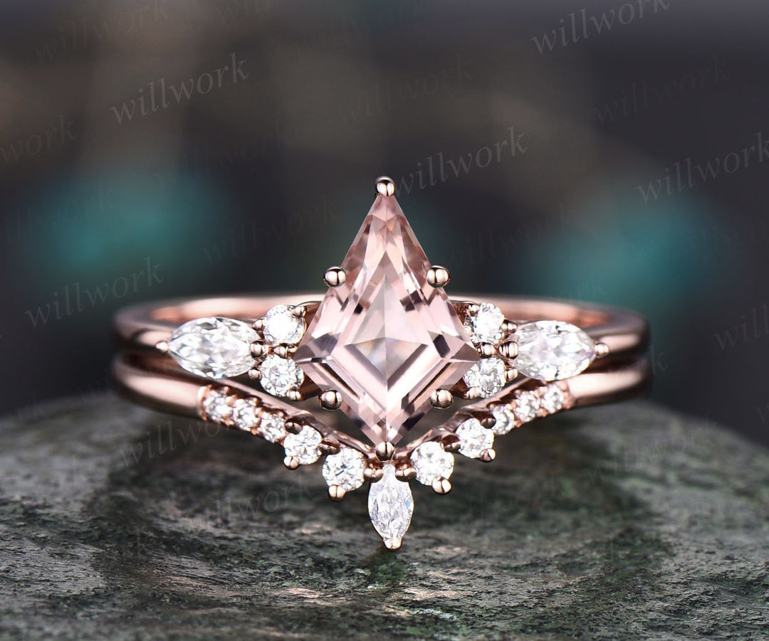 Vintage kite cut 1ct pink morganite engagement ring set 14k rose
