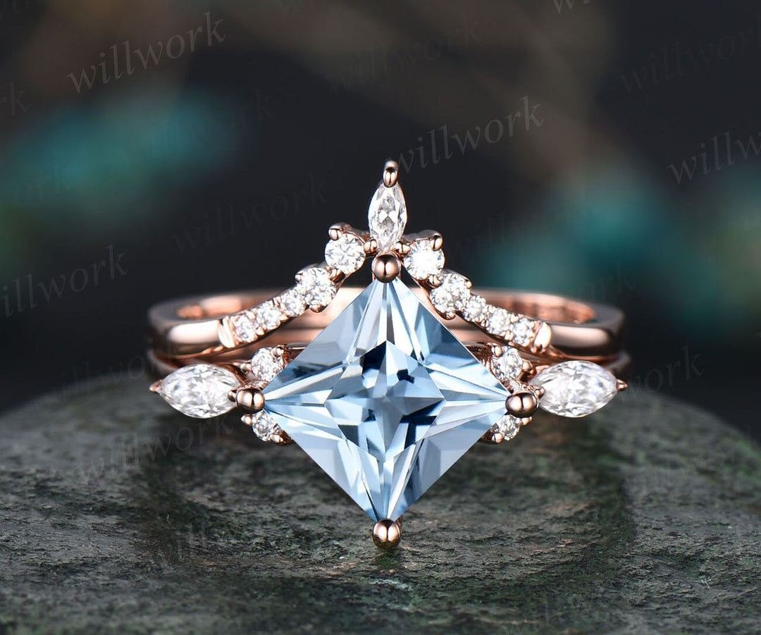 Vintage princess cut aquamarine engagement ring set rose gold unique engagement ring art deco moissanite promise wedding ring set for women