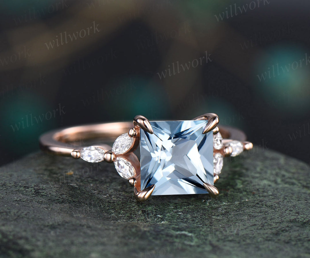 2ct Princess cut aquamarine aquamarine engagement ring rose gold unique cluster engagement ring art deco diamond promise wedding ring women