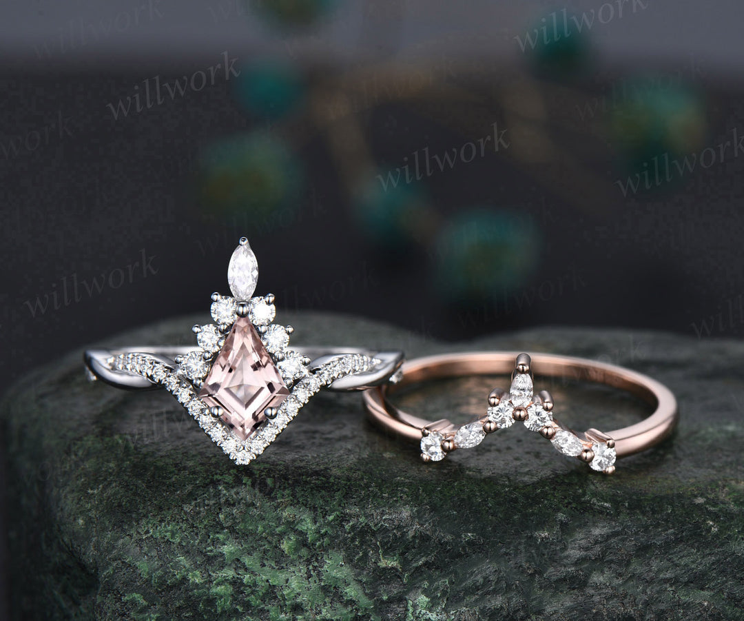 Vintage kite cut pink morganite ring rose gold halo unique engagement ring set art deco curved twisted diamond promise wedding ring women