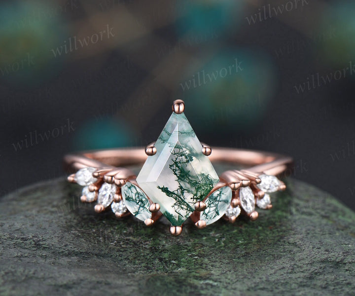 7x10mm Kite cut green moss agate engagement ring women rose gold marquise cut moss agate ring Curved diamond ring leaf wedding promise ring