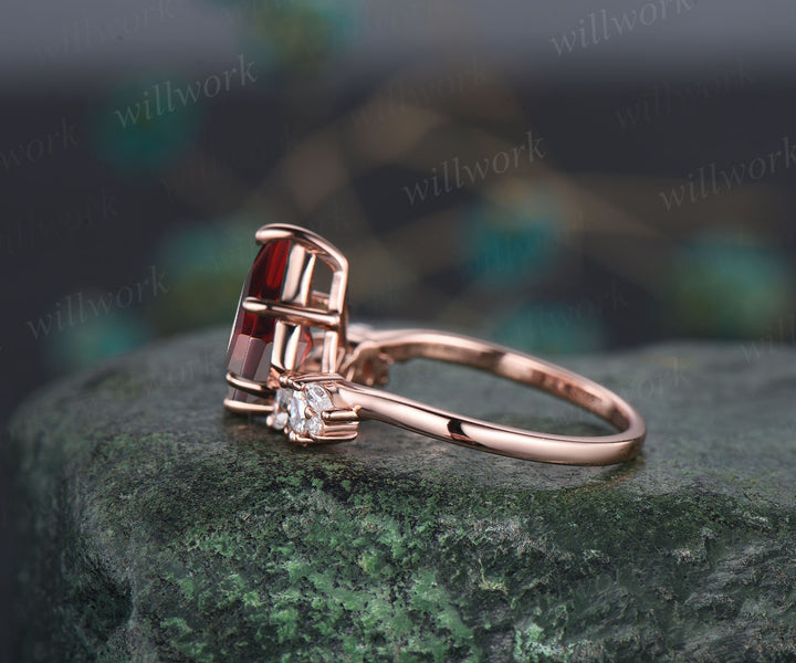 Vintage kite cut red garnet engagement ring 14k rose gold marquise unique engagement ring for women antique diamond anniversary ring gifts
