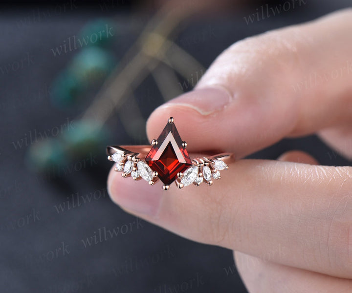 Vintage kite cut red garnet engagement ring 14k rose gold marquise unique engagement ring for women antique diamond anniversary ring gifts
