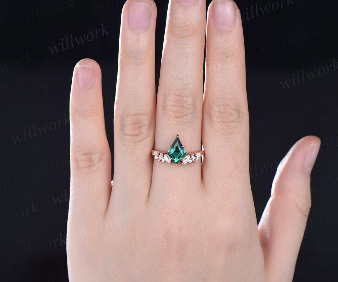 Vintage 7x10mm kite cut green emerald engagement ring 14k rose gold marquise unique engagement ring for women antique diamond promise ring