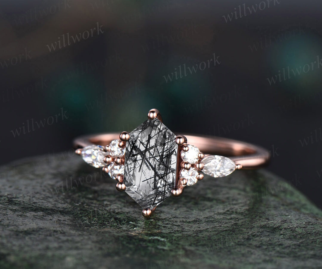 Long hexagon cut black rutilated quartz engagement ring set 14k rose gold art deco diamond ring set for women vintage marquise bridal sets