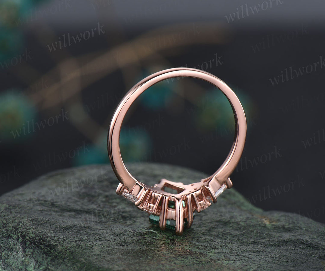 7x10mm kite cut green moss agate ring rose gold unique engagement ring set for women kite alexandrite ring curved diamond wedding ring set