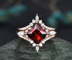Princess cut garnet ring vintage red garnet engagement ring set rose gold marquise unique engagement ring for women moissanite promise ring