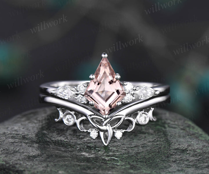 Kite cut pink morganite engagement ring set rose gold vintage unique engagement ring for women marquise cut diamond promise wedding ring set