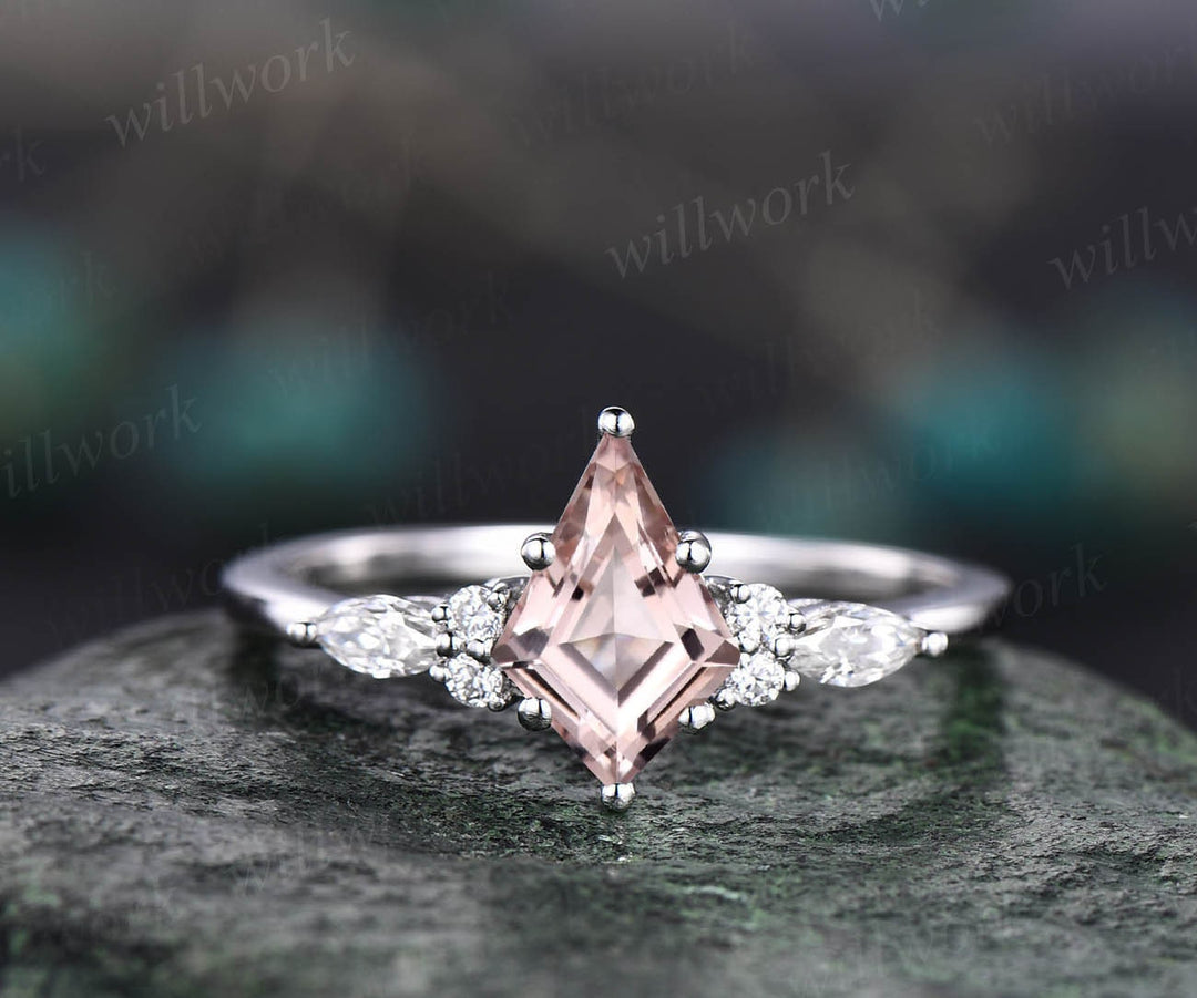 1ct pink morganite ring vintage kite cut morganite engagement ring set white gold art deco diamond ring unique anniversary ring set women