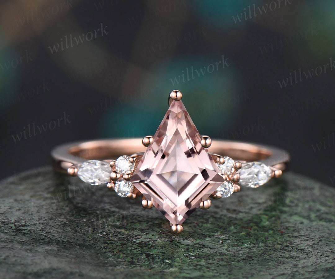 1ct pink morganite ring vintage kite cut morganite engagement ring set white gold art deco diamond ring unique anniversary ring set women