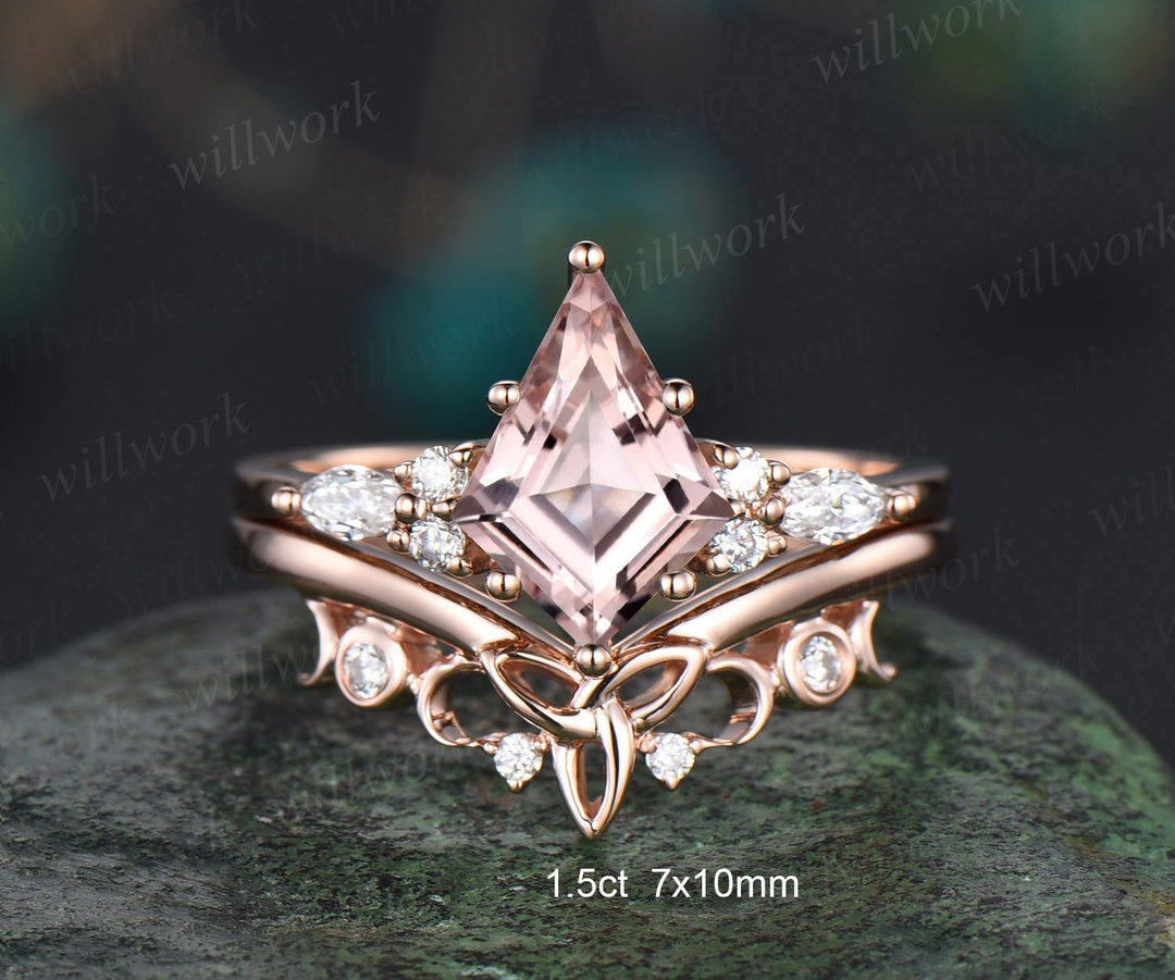 Kite cut pink morganite engagement ring set rose gold vintage unique engagement ring for women marquise cut diamond promise wedding ring set