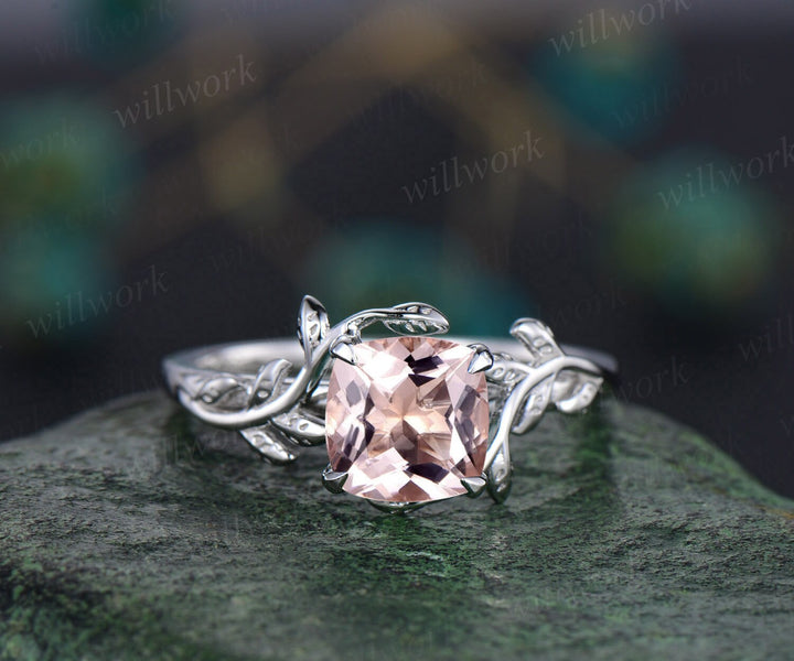Cushion cut morganite ring vintage unique nature inspired