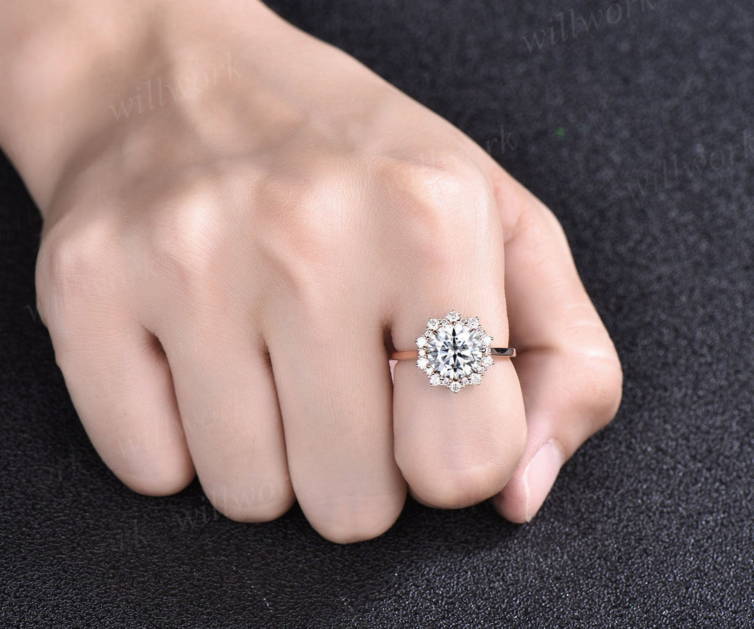 2ct round moissanite engagement ring rose gold vintage unique snowdrift halo engagement ring diamond promise bridal wedding ring for women