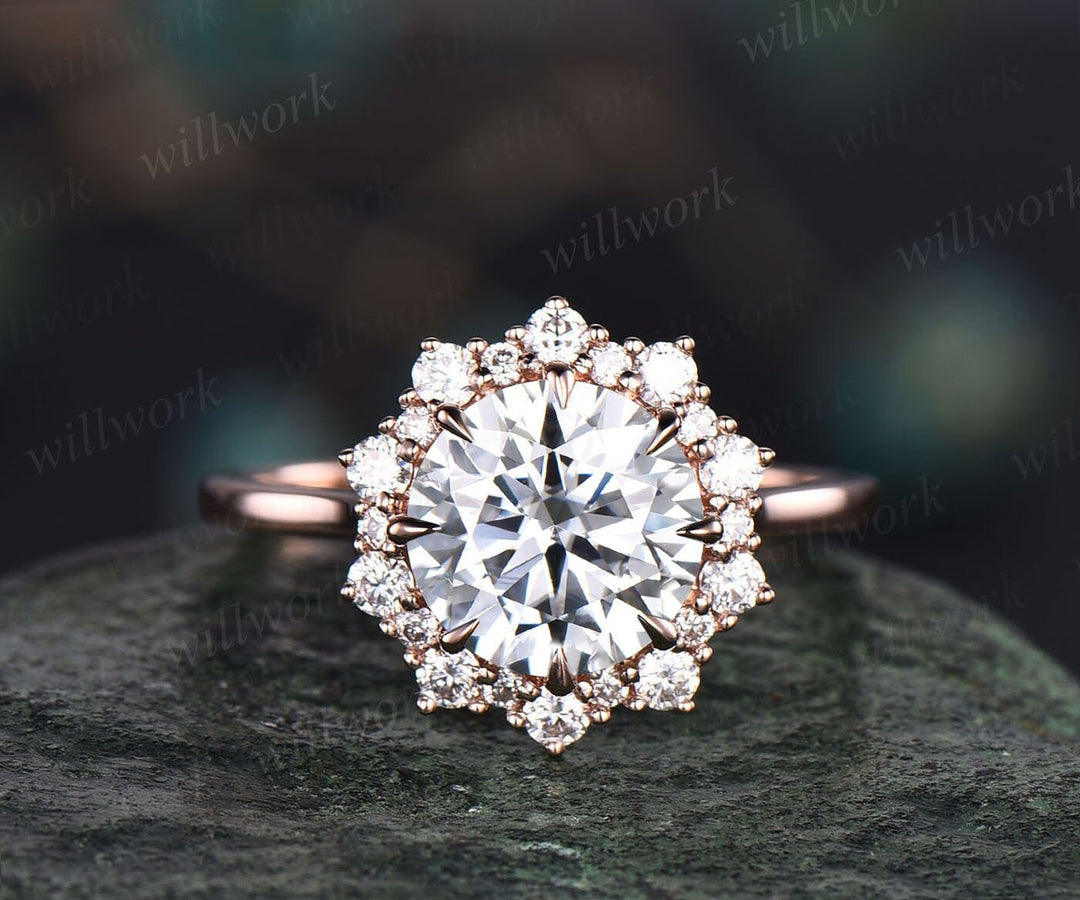 2ct round moissanite engagement ring rose gold vintage unique snowdrift halo engagement ring diamond promise bridal wedding ring for women