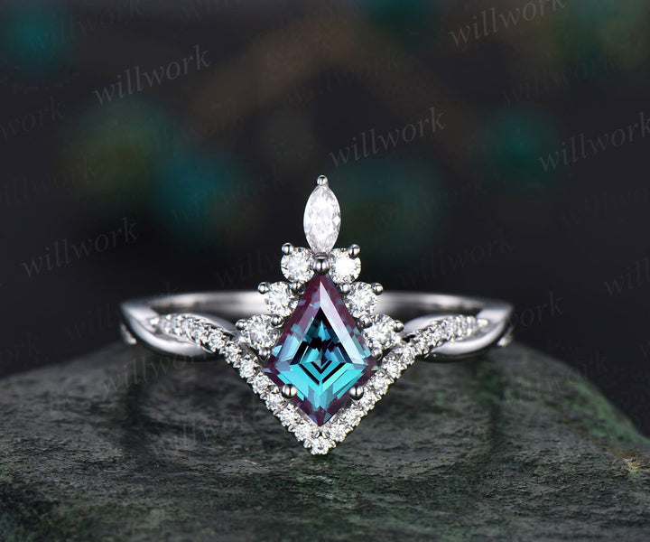 Vintage kite cut alexandrite ring white gold halo unique engagement ring set art deco curved twisted diamond promise wedding ring set women