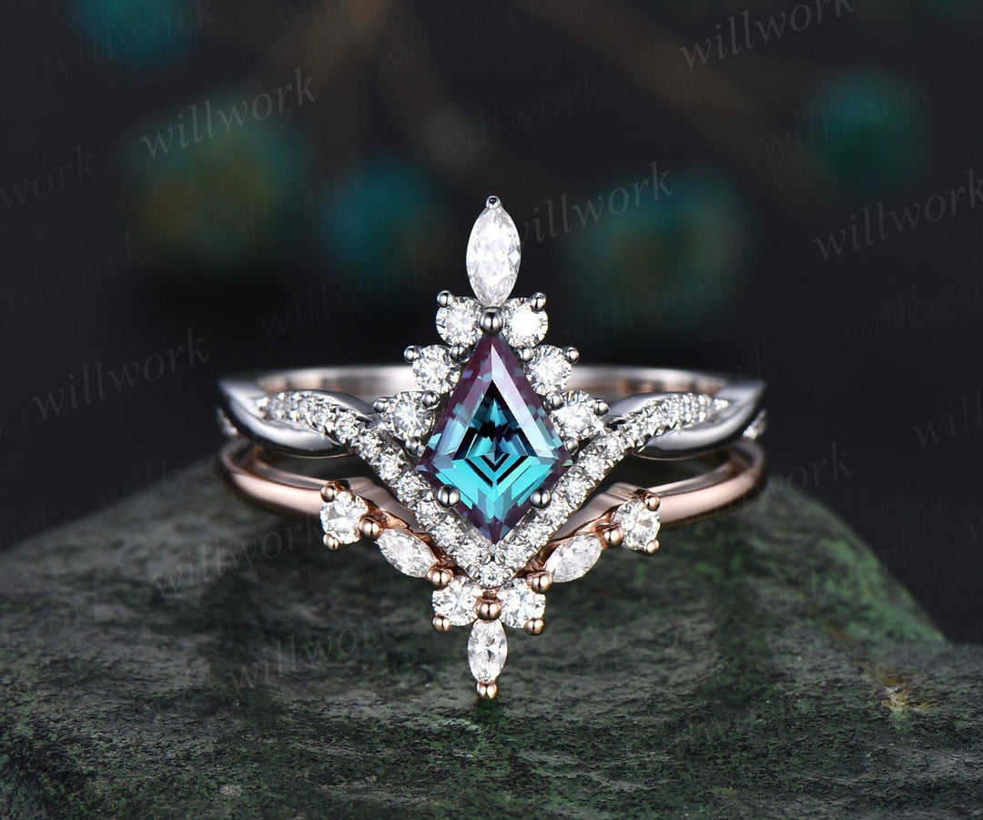 Vintage kite cut alexandrite ring white gold halo unique engagement ring set art deco curved twisted diamond promise wedding ring set women