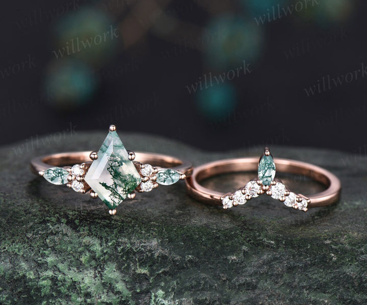 1.5ct Unique kite cut moss agate engagement ring set marquise cut moss agate ring vintage rose gold 6 prong diamond wedding ring set women