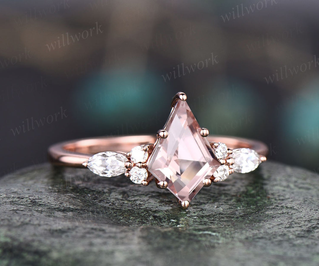 Vintage kite cut 1ct pink morganite engagement ring set 14k rose gold marquise cut diamond ring for women unique bridal wedding ring set