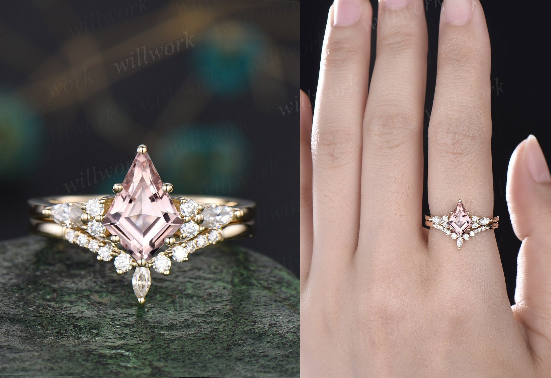 Hexagon Cut Morganite Ring Wraps & Enhancer Band Set