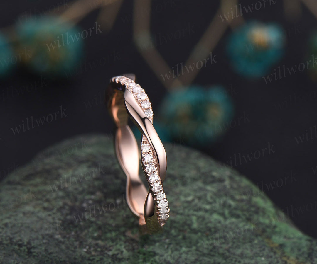Delicate Twisted Diamond Wedding Band 14k/18k Solid Rose Gold