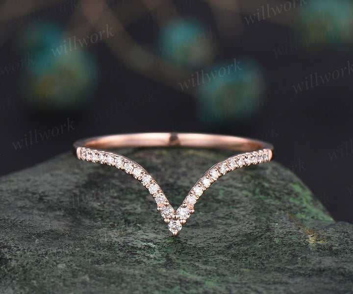 Unique Curved V shaped diamond wedding band solid 14k rose gold stacking half eternity moissanite wedding ring band anniversary ring women
