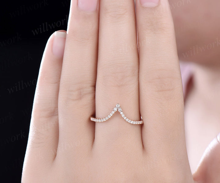 Unique Curved V shaped diamond wedding band solid 14k rose gold stacking half eternity moissanite wedding ring band anniversary ring women