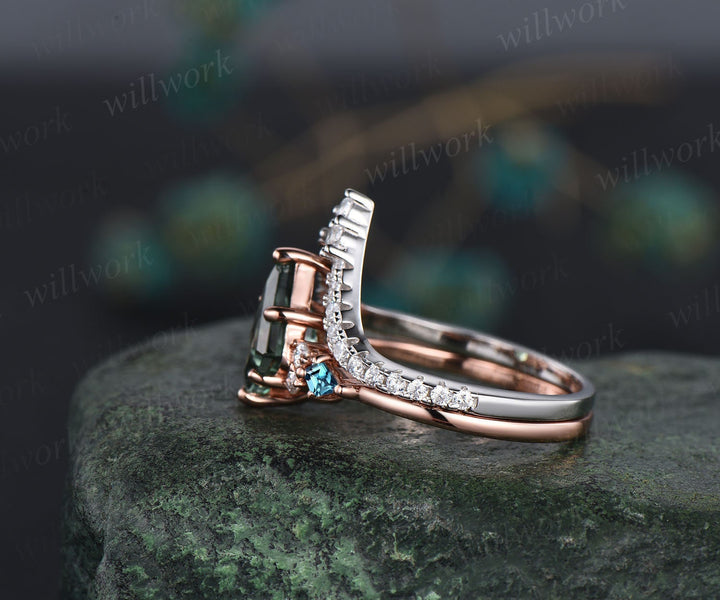 7x10mm kite cut green moss agate ring rose gold unique engagement ring set for women kite alexandrite ring curved diamond wedding ring set