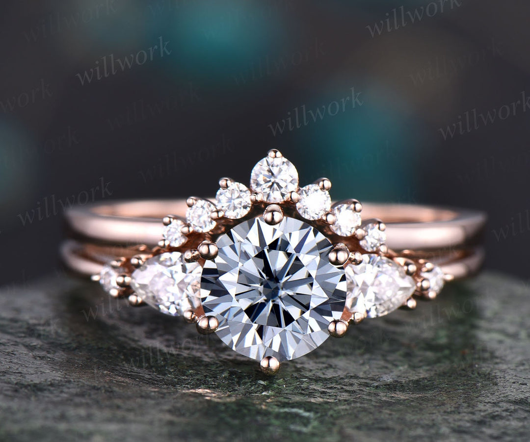 Round cut gray moissanite ring rose gold vintage unique engagement ring set five stone stacking promise bridal wedding ring set for women