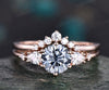 Round cut gray moissanite ring rose gold vintage unique engagement ring set five stone stacking promise bridal wedding ring set for women