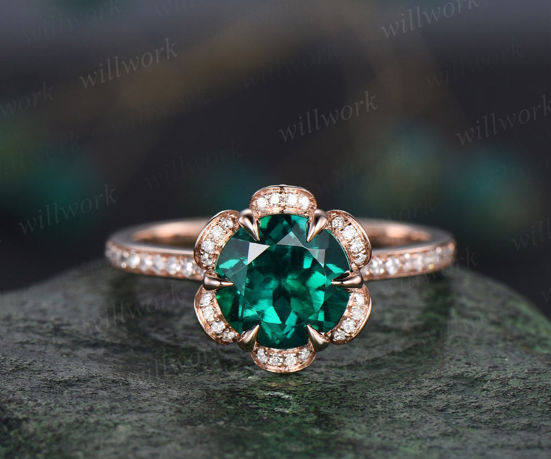 2ct round cut emerald ring rose gold vintage unique engagement ring flower half eternity under halo diamond promise wedding ring for women