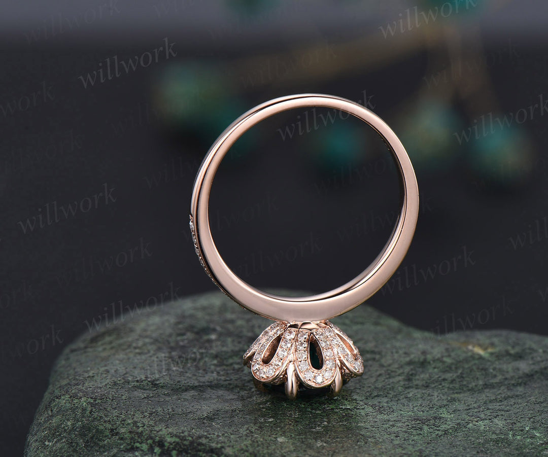 2ct round cut emerald ring rose gold vintage unique engagement ring flower half eternity under halo diamond promise wedding ring for women
