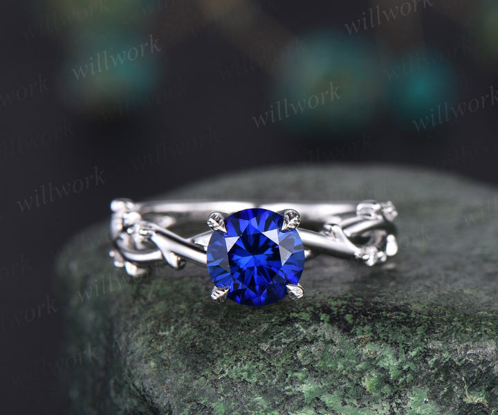 Round cut blue sapphire ring white gold vintage leaf unique engagement ring five stone infinity twisted diamond bridal wedding ring women