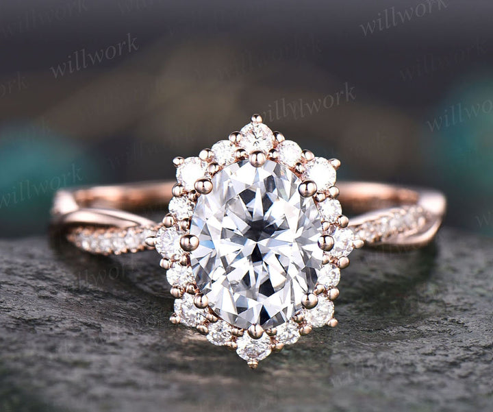 2ct oval cut Moissanite ring rose gold vintage unique engagement ring halo twisted snowdrift diamond bridal promise wedding ring for women