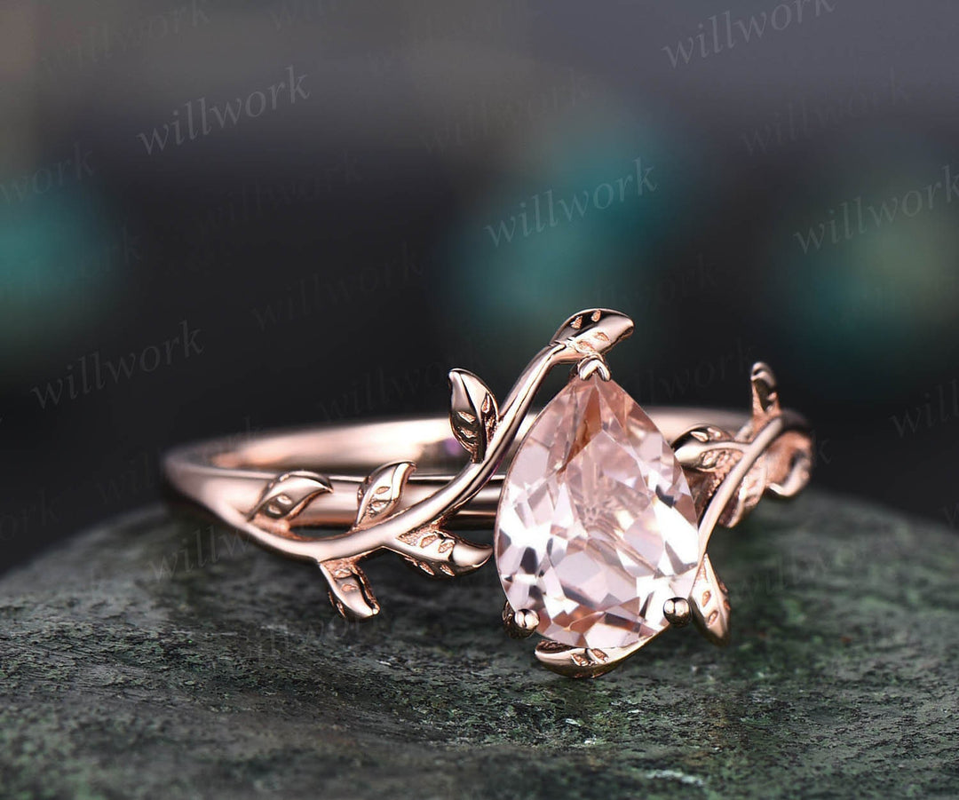 Vintage pear shaped natural morganite engagement ring leaf flower solitaire unique rose gold engagement ring bridal wedding ring for women