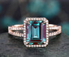 Vintage emerald cut Alexandrite engagement ring 14k rose gold half eternity halo split shank diamond ring for women promise bridal ring gift