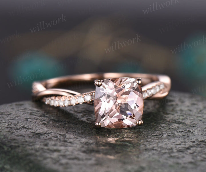 Unique cushion cut morganite engagement ring for women solid 14k rose gold eternity twisted diamond anniversary wedding ring fine jewelry