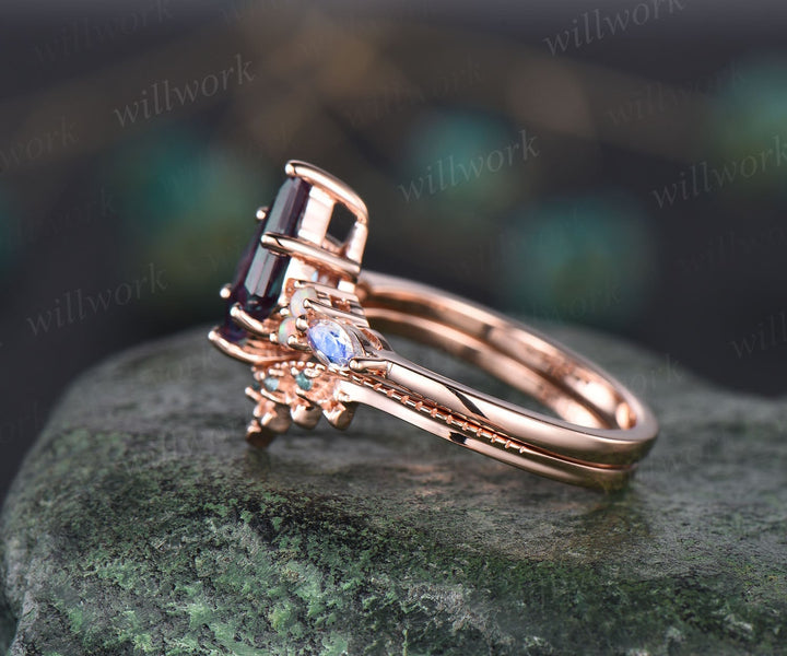 Vintage kite cut Alexandrite engagement ring set 14k rose gold marquise moonstone ring dainty opal ring unique bridal wedding ring set women