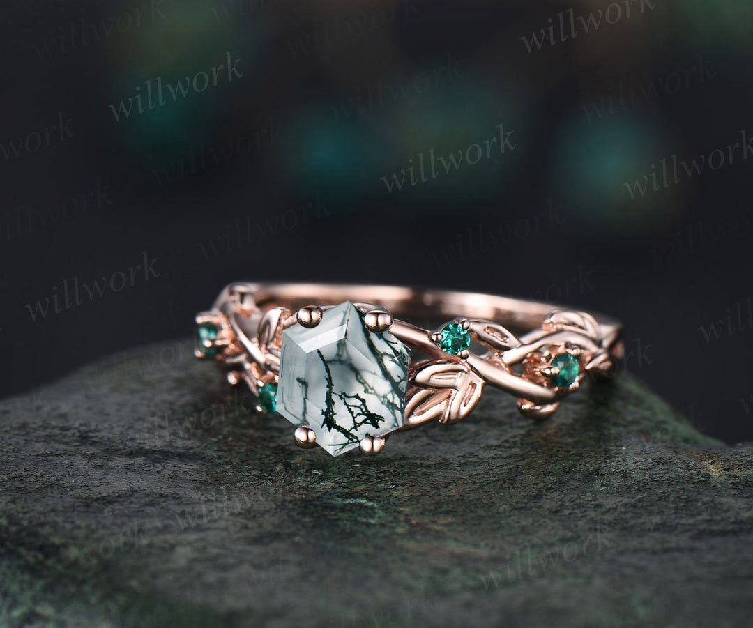 2ct moss agate ring vintage hexagon cut moss agate engagement ring rose gold leaf emerald ring silver anniversary promise ring gifts