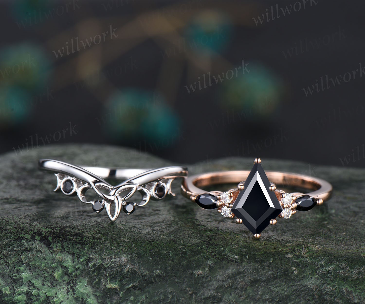 Kite Shaped popular Black Onyx Engagement Ring Set Black Gemstone Ring Set Antique 3Pc Wedding Ring Set Vintage Art Deco Bridal Anniversary Ring Set