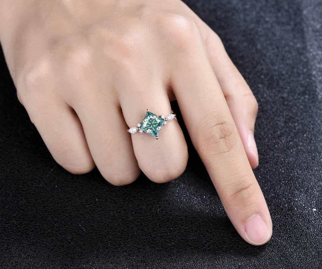 Princess cut green moissanite engagement ring set rose gold vintage unique engagement ring women marquise cut moissanite promise ring set