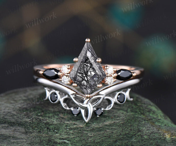 kite cut black rutilated quartz ring unique engagement ring set rose gold vintage moissanite ring women black diamond wedding ring set