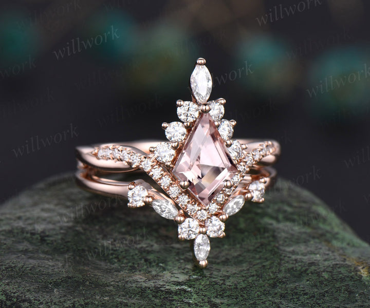 Vintage kite cut pink morganite ring rose gold halo unique engagement ring set art deco curved twisted diamond promise wedding ring women
