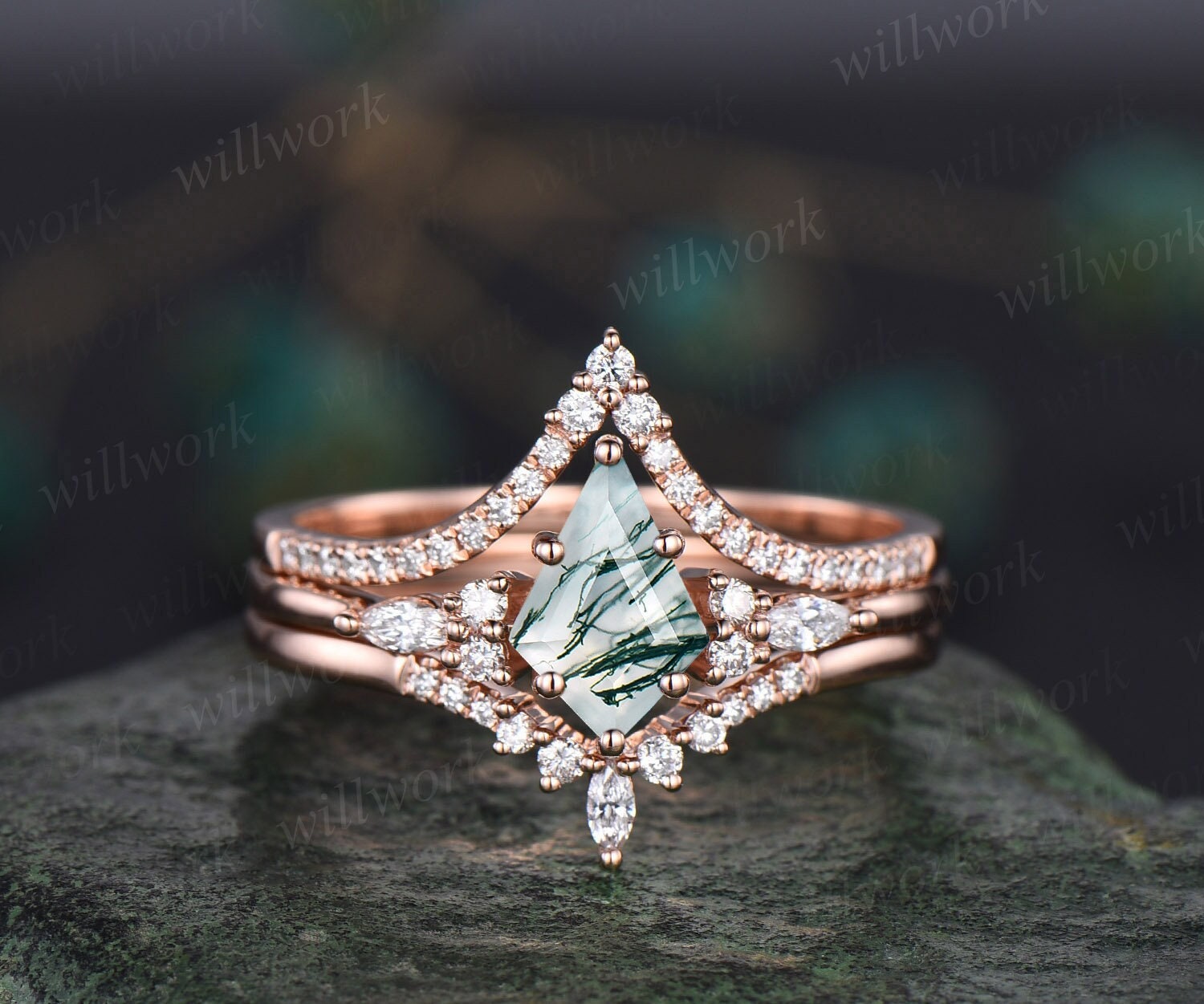 3pcs kite cut moss agate engagement ring set 14k rose gold art deco un ...