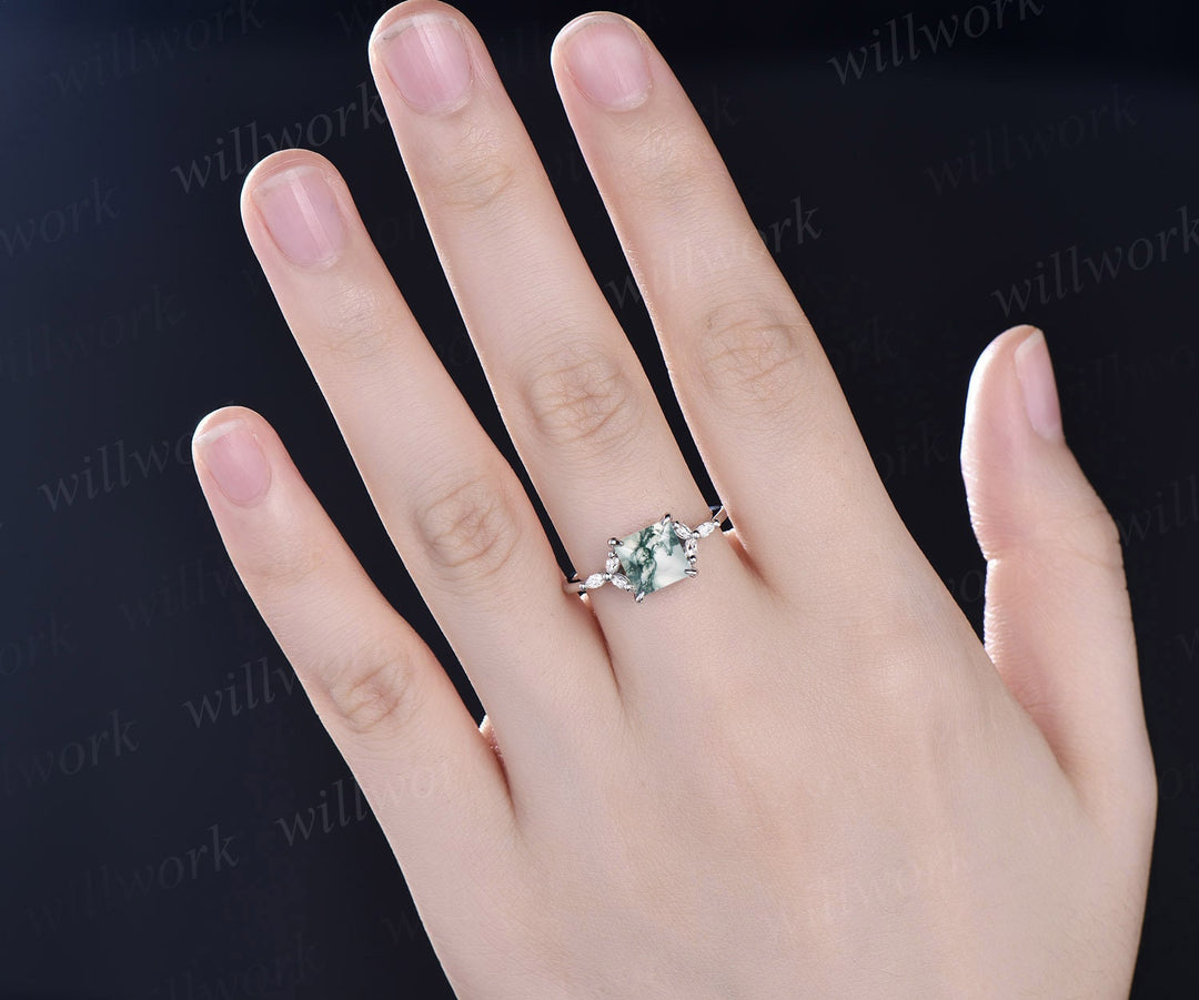 2ct Princess cut moss agate ring rose gold vintage green moss agate engagement ring cluster art deco diamond ring promise wedding ring women