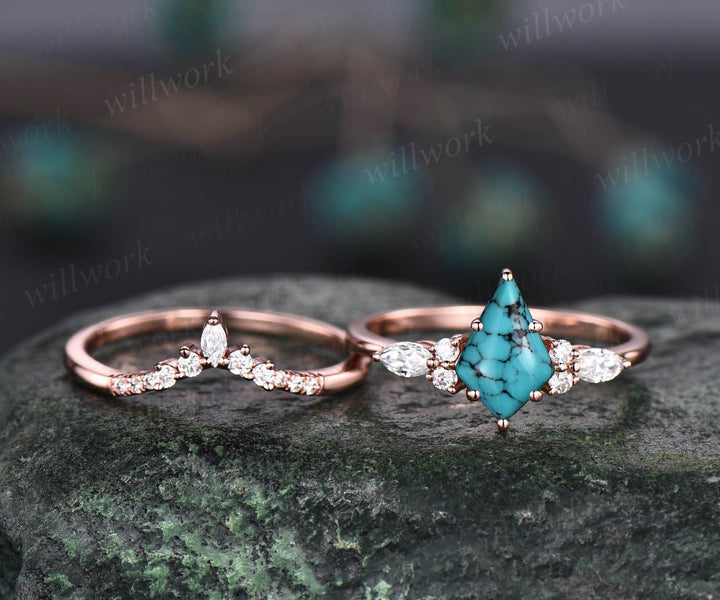 Vintage kite cut natural Turquoise engagement ring set 14k rose gold marquise cut diamond ring for women unique bridal wedding ring set gift